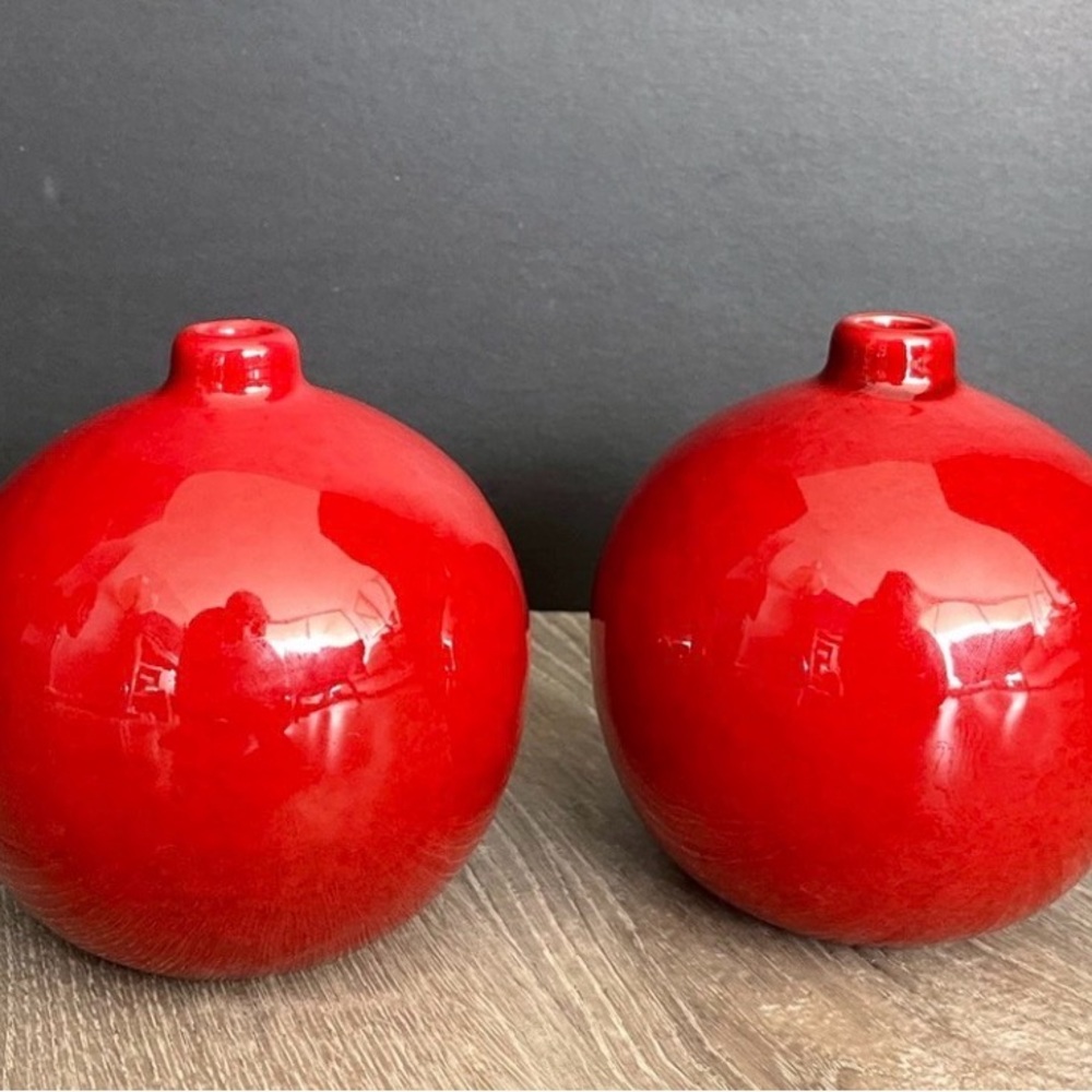 CRATE & BARREL Red Ceramic Round Bud Vases - Set of 2